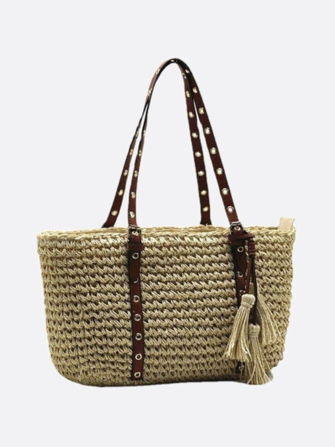 Panier cabas paille et cuir beige
