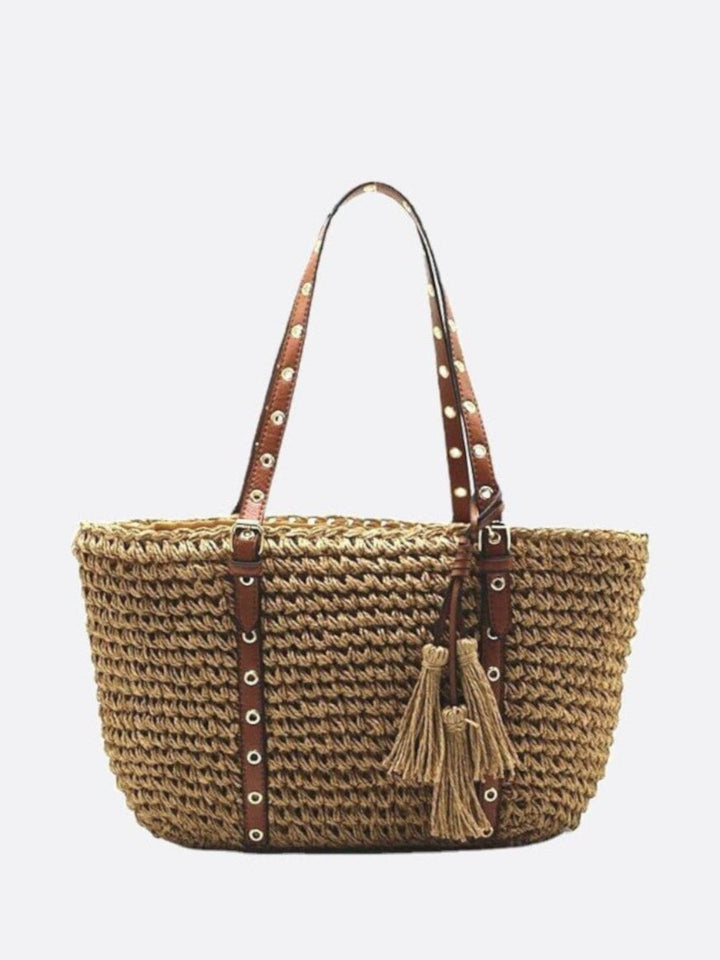 Panier cabas paille et cuir marron